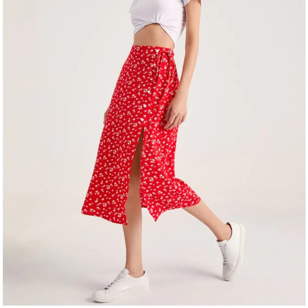 The Commense Sweetheart Floral Button Split Midi Skirt